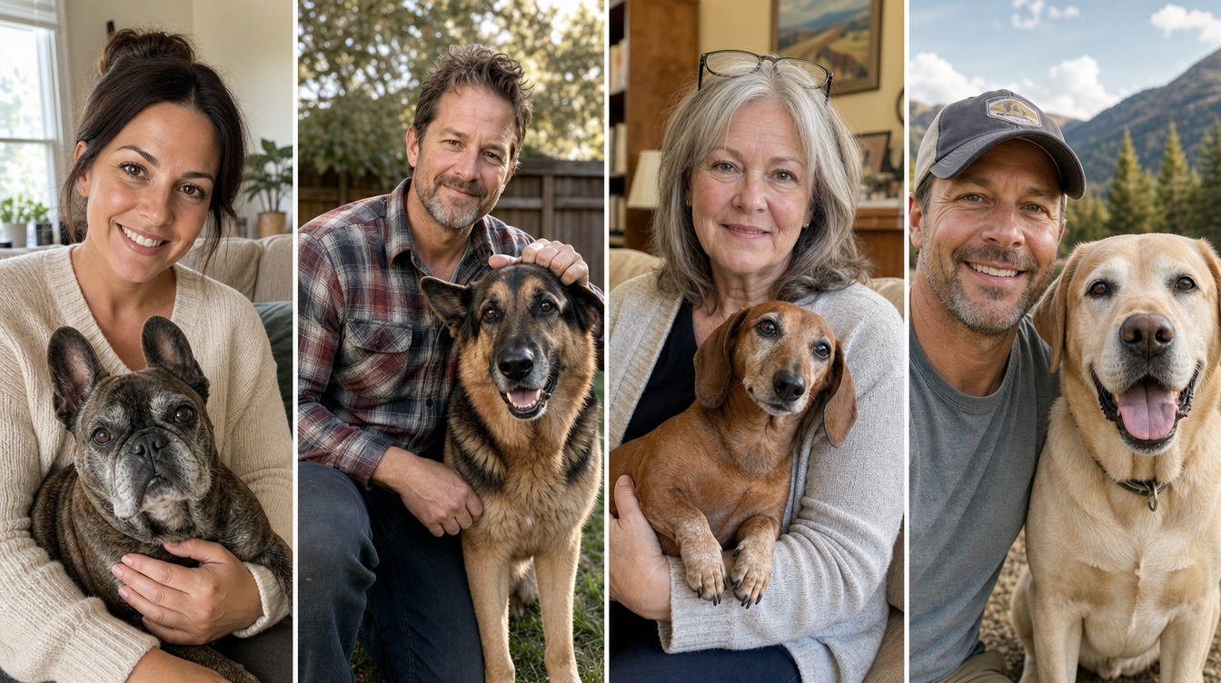 Sarah with Lola, Mike with Apollo, Diane with Pretzel, Greg with Cooper