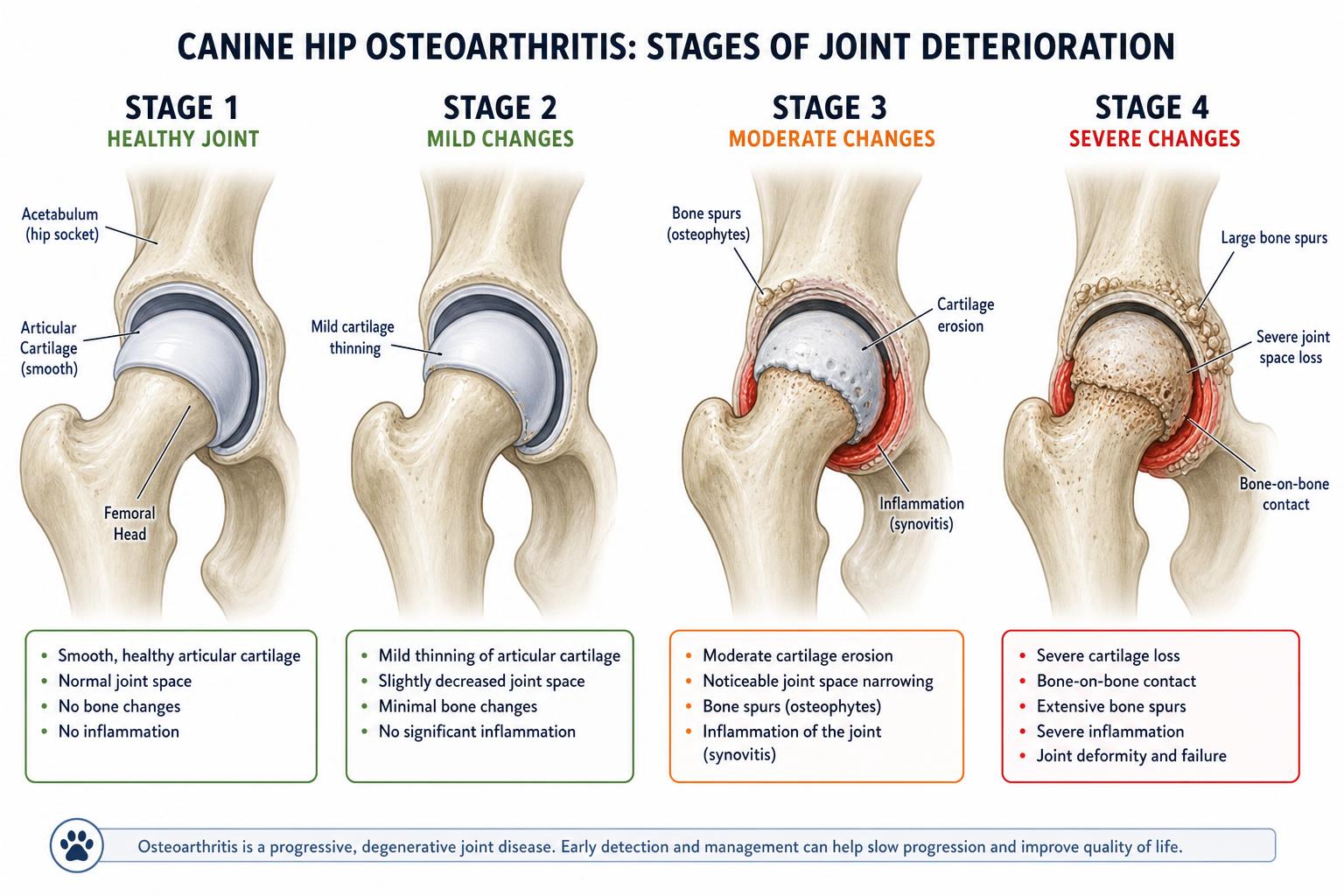 4-stage progression of canine osteoarthritis